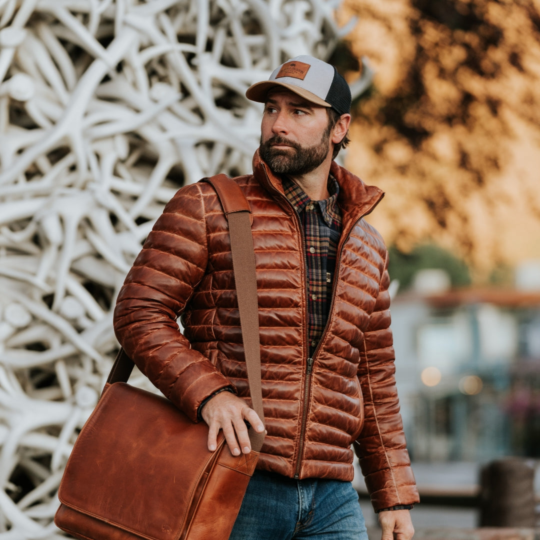 Mens Vintage Leather down jacket