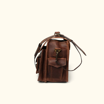 Men's Leather Briefcase Bag in Dark Oak, side angle view, featuring adjustable shoulder strap, secure buckle closures, and multiple compartments.