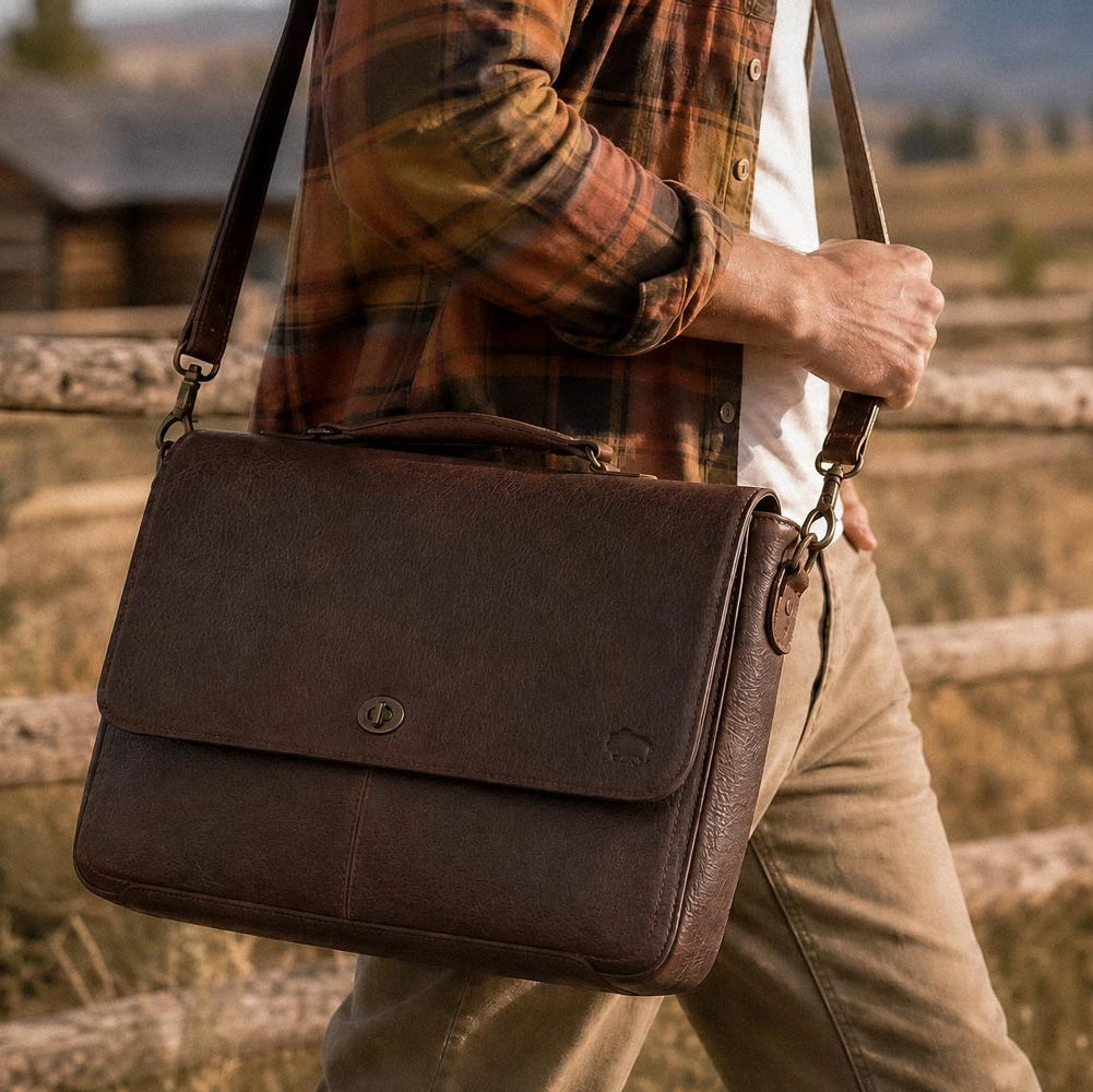Roosevelt Messenger Bag in Buffalo Grain leather — full-grain water buffalo hide with antique brass hardware